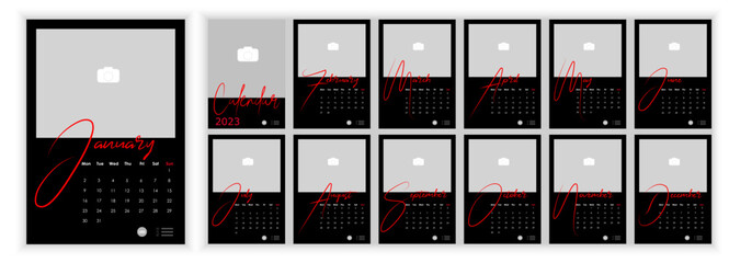 Wall Monthly Photo Calendar 2023. Simple monthly vertical photo calendar Layout for 2023 year in English. Cover Calendar, 12 months templates. Week starts from Monday. Vector illustration