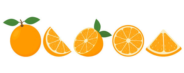 Set of fresh oranges. Orange fruit isolated on white background. Vector illustration for design and print