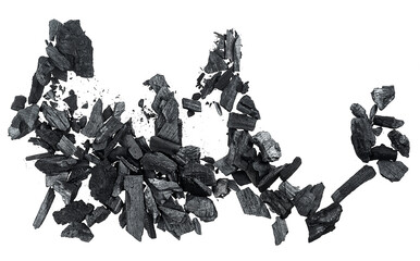 Top view of black charcoal pieces isolated on a white background