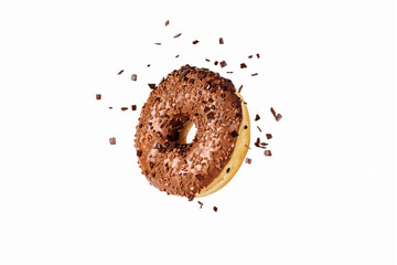 Brown donut decorated with chocolate sprinkles isolated over white background