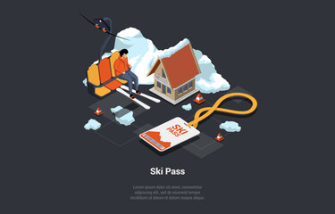 Concept Of Adventures, Hiking, Exploring And Vacations. Male Character Man Riding Chairlift In The Mountains. Winter Mountains Landscape With Ski Lifts And Hotel. Isometric 3d Vector Illustration