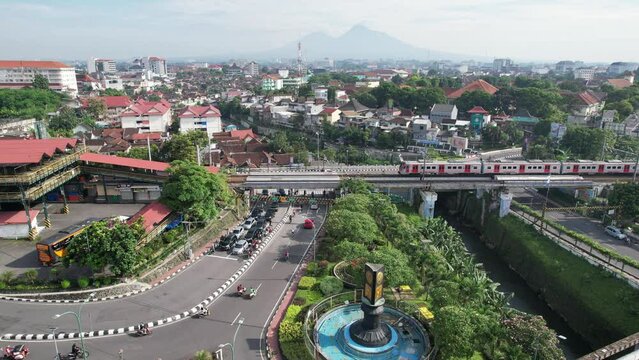 Malioboro Yogyakarta street view from above is a landmark of Yogyakarta Indonesia Toursim, Rush Hour Traffic with Train. KRL Yogyakarta
