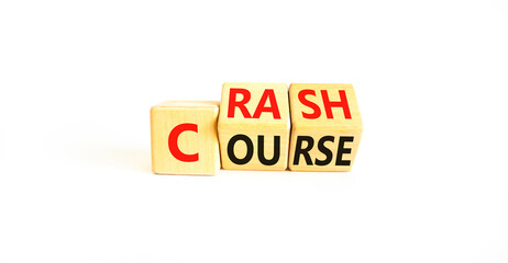 Crash course symbol. Concept words Crash course on wooden cubes. Beautiful white table white background. Business crash course concept. Copy space.