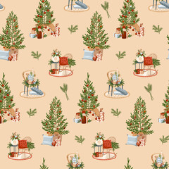 Christmas trees and furniture digital paper. Christmas seamless pattern