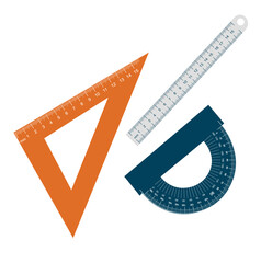Different rulers and protractor on white background