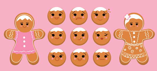 Tasty Christmas cookies and set of different emotions on pink background