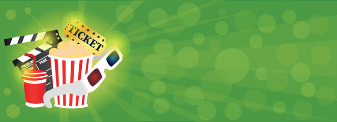 Banner with popcorn, soda drink, ticket, movie clapper and 3D glasses on green background with space for text