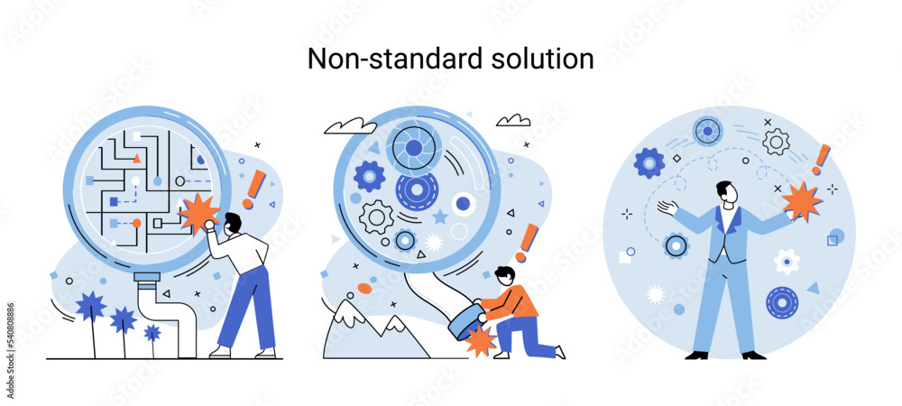 Aufkleber non standart solution solving problem metaphor, answer to question or creativity idea innovation hel