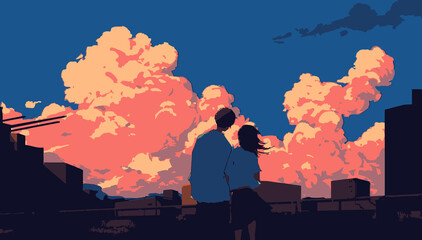 cloudy sky at evening couple enjoying background anime digital art illustration painting wallpaper