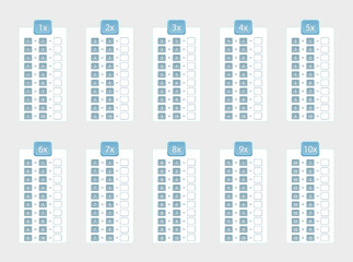 Set of multiplication tables for practice from 1 to 10, multiplication table without answers.