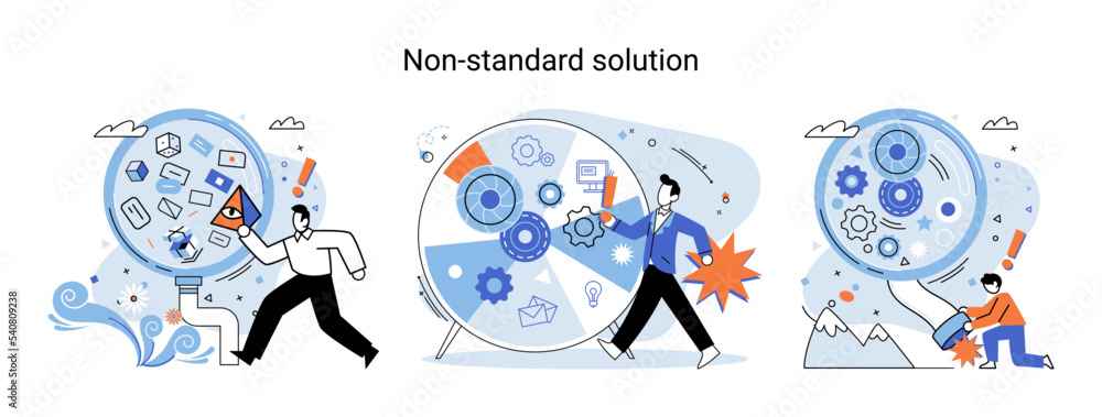 Poster non standart solution metaphor. creation of individual decision for integration of disparate product