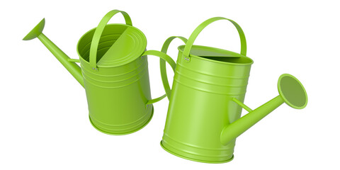 Set of watering can on white background. 3d render of gardening equipment tools