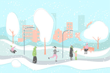 Fototapeta na wymiar Cartoon Color Winter Season Park Landscape Scene with Characters People Concept Flat Design Style. Vector illustration