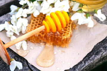 slice of fresh honey sat and bowl with yellow honeycomb with acacia flowers
