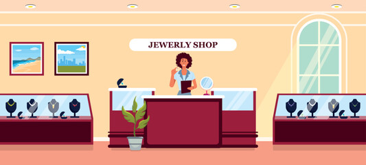 Vector illustration of a modern interior jewelry store. Cartoon interior with racks with rings and necklaces made of precious metals and stones, saleswoman, mirror, paintings.