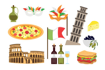 Set of equipment in Italy in cartoon style. Vector illustration of olive oil, pizza, red and white wine, carnival masks, Italian flag, sandwich, colosseum, leaning tower, cheese, olives.