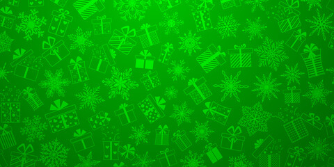 Background made of complex Christmas snowflakes and gift boxes with different patterns, in green colors