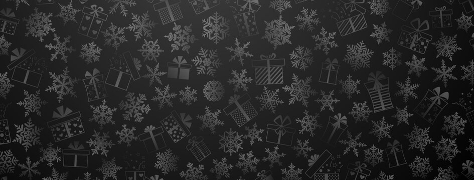 Background made of complex Christmas snowflakes and gift boxes with different patterns, in black colors