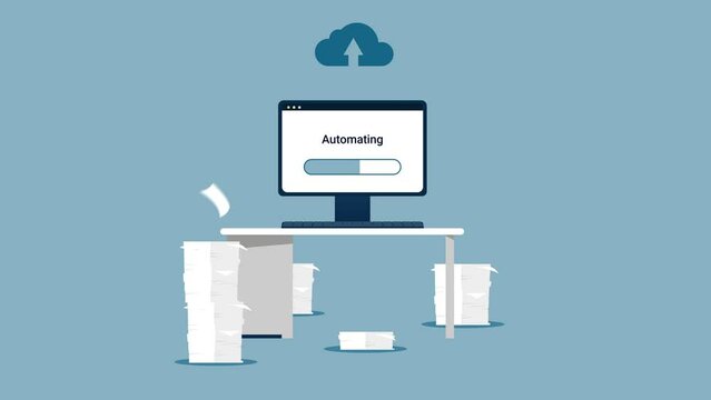 Office work automation - Computer automating and taking over manual paper work with loading bar on screen and uploading to cloud. 2d flat design animation