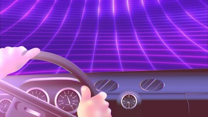 Retro style animation with car moving on a 1980 pink cyberpunk perspective grid. Driver's view through the windshield - Powered by Adobe