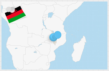 Map of Malawi with a pinned blue pin. Pinned flag of Malawi.