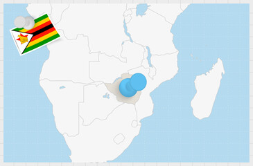 Map of Zimbabwe with a pinned blue pin. Pinned flag of Zimbabwe.