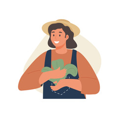 Female farmer holding seedling, plant, sprout with green leaf in hand. Black woman, farm worker growing.