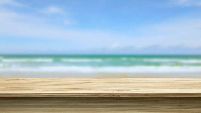empty wooden table against the blurred ocean beach background, product display stand, 3d mockup, video footage