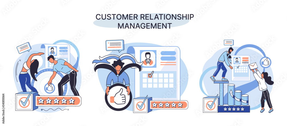 Poster crm metaphor. customer relationship management. application software for organizations automatisatio