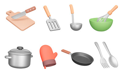 Kitchenware 3d icon set. Kitchen utensils for cooking. Isolated icons, Cutting board, knife, spatula, ladle, whisk, bowl, saucepan, tack, pan, fork, spoon. Cutlery. Objects on transparent background