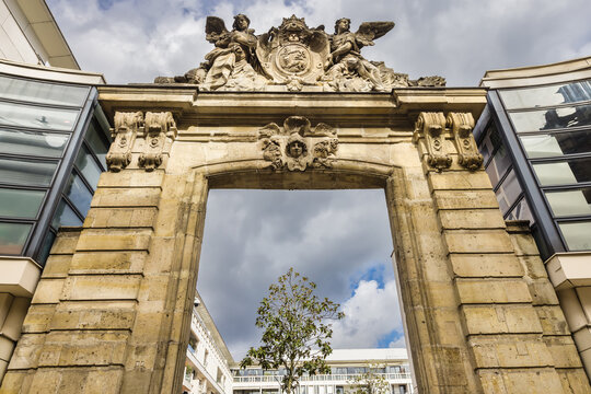 historic gate at the square of the shopping area Espace du Palais in Rouen, France