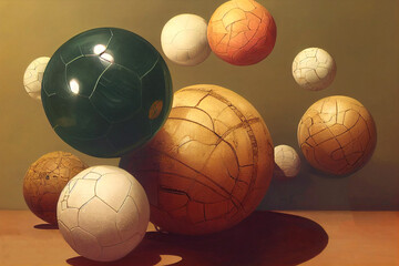 Abstract spheres background composition of flying balls decorated with patterns.
