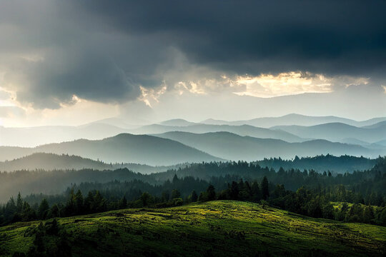 Beautiful mountain landscape with fog and forest. Sunrise in the mountains.