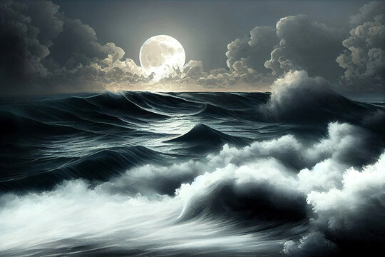 Impressive art illustration. Full moon rising over the dramatic stormy sea. 