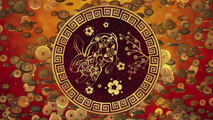 Chinese Spring Festival, red background with falling golden coins symbol of wealth for New Year celebration