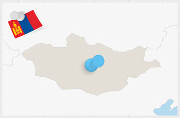 Obraz premium Map of Mongolia with a pinned blue pin. Pinned flag of Mongolia.