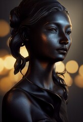 beautiful and elegant woman, bronze sculpture and golden lights