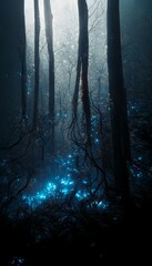 mystical dark forest, fog and magic lights