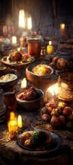 medieval banquet, vegetables and meat, candles