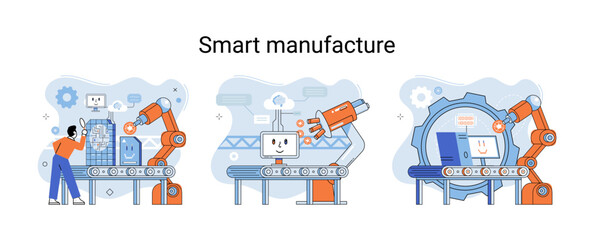 Smart manufacture metaphor with automated production line. Innovative contemporary smart industry product design, delivery and distribution with people, robots and machinery, conveyor assembly line