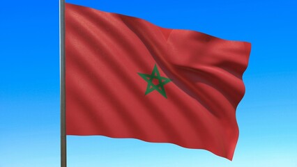 flag of morocco waving in the wind on flagpole against the sky 3d-rendering