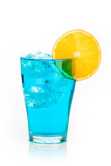 blue drink with ice cubes and orange slice on white background, isolated