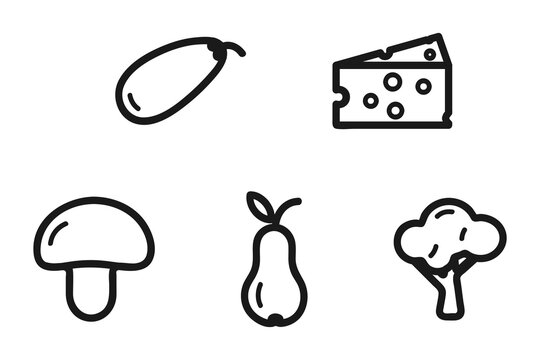 Vector icons of food, vegetables and fruits. A set of contour cliparts with the image of eggplant, cheese, pear, mushroom, cauliflower. Isolated vector elements of a black contour.