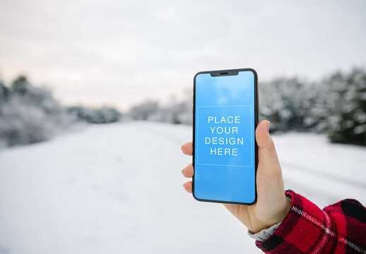 Mockup Template Phone at the Winter Forest