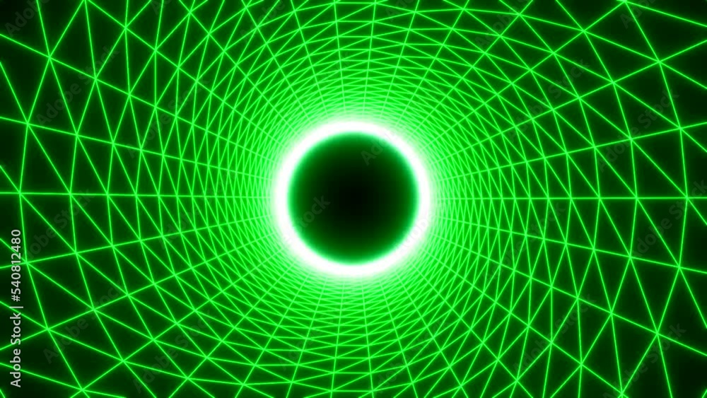 Poster flying inside neon striped circular tunnel with a dark pulsating sphere in the end. motion. endless 