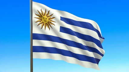 flag of uruguay waving in the wind on flagpole against the sky 3d-rendering