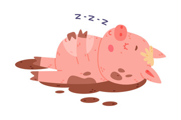 Funny Pink Piggy Character with Hoof Lying in Mud and Sleeping Vector Illustration