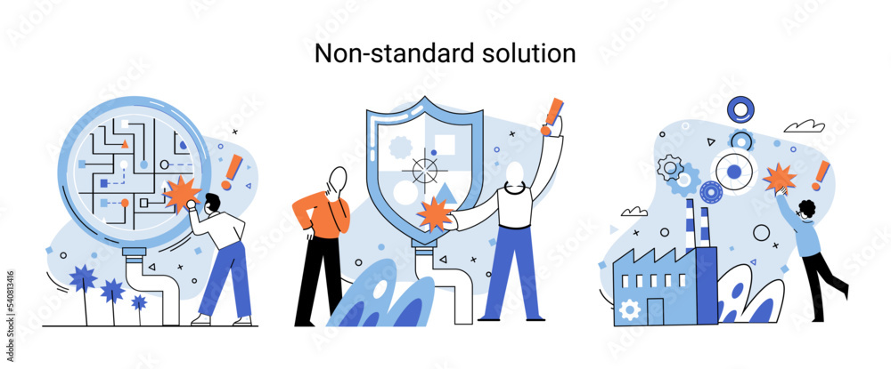 Poster non standart solution metaphor. creation of individual decision for integration of disparate product