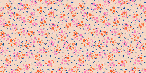 Floral seamless pattern. Vector texture with small pink and orange flowers, blue leaves on beige. Floral design for fashion prints. Liberty style. Retro vintage background. Simple ditsy pattern