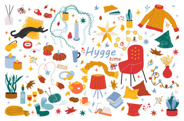 Hygge collection vector illustration in warm bright palette. Home decor and plants and leasure time elements with typography, decorated by autumn leaves and stars Isolated on white background